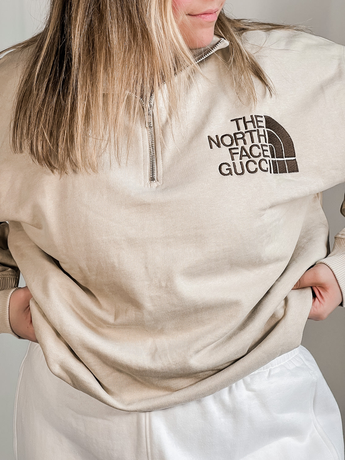 North Embroidered 1/4 Zip Sweatshirt Sand and Chocolate - Out The Purse UK