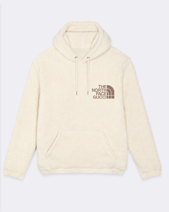 North Embroidered Sherpa Hoodie Cream and Mocha - Out The Purse UK