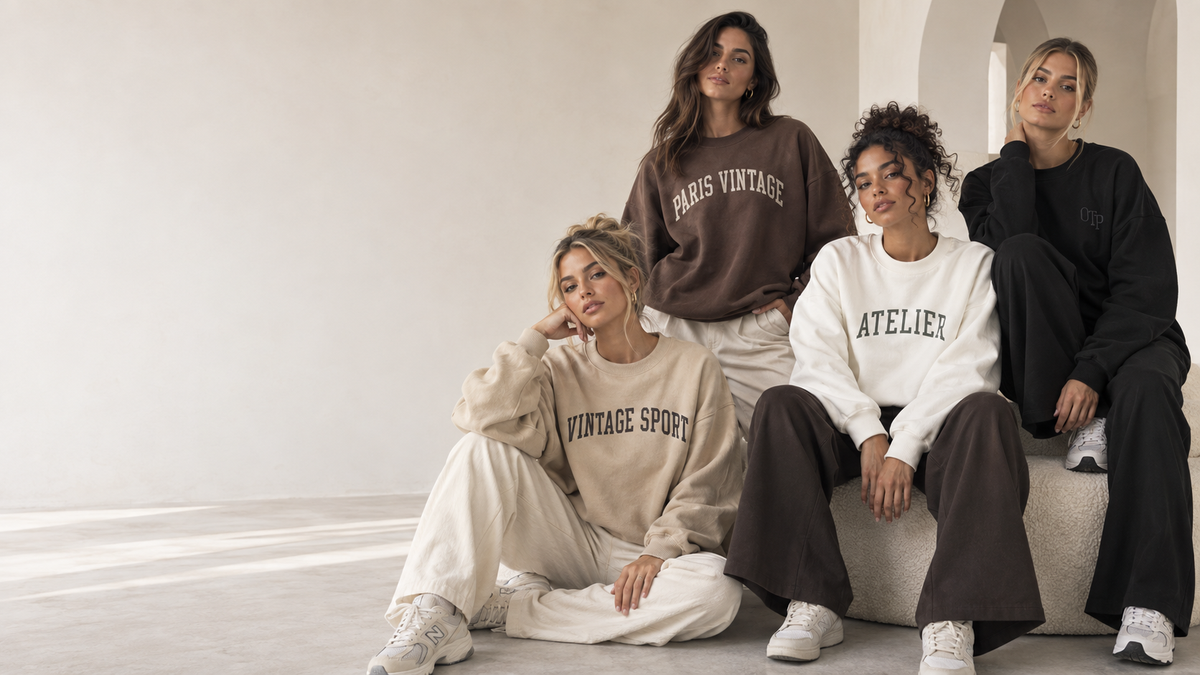 Out The Purse sweatshirt colour edit in sand, chocolate, white and black