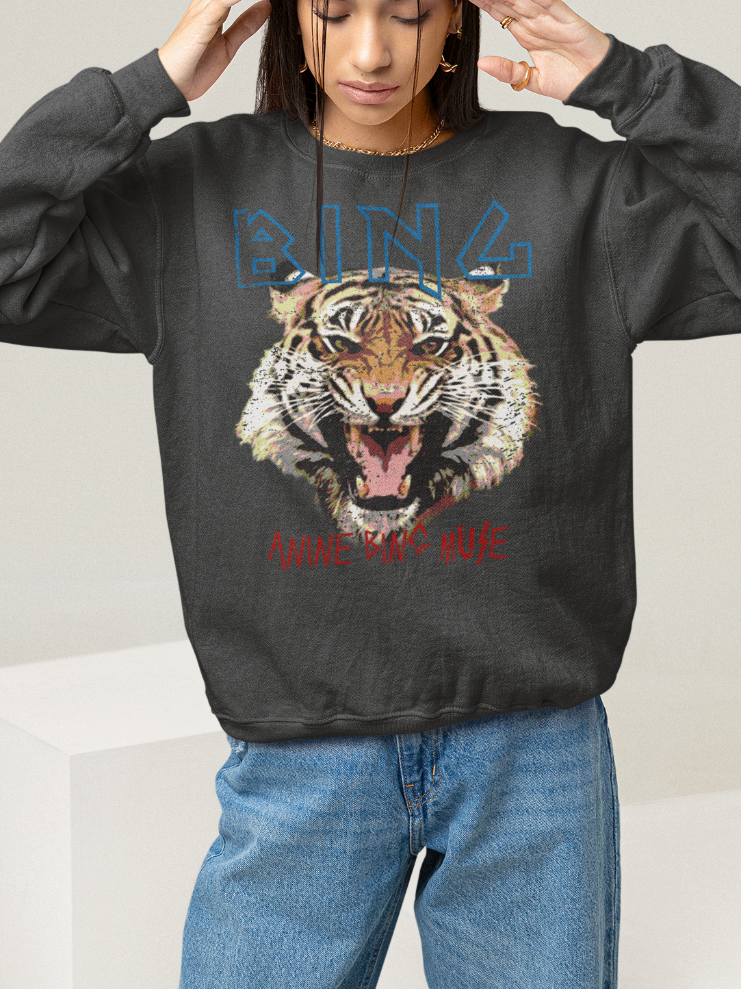 Distressed Tiger Printed Sweatshirt Out The Purse UK Charcoal