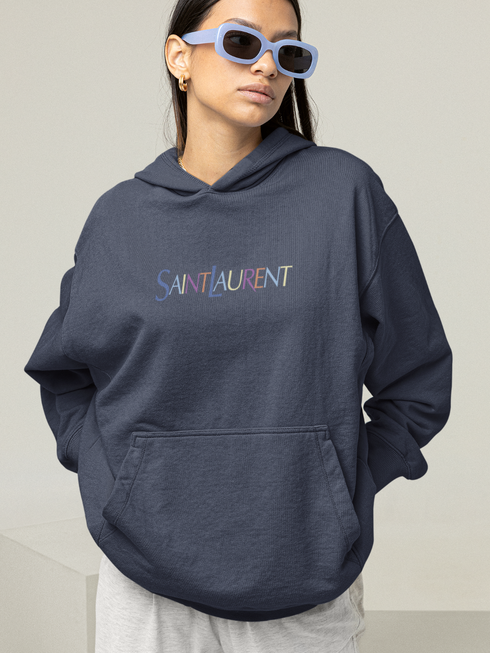 Out The Purse UK Saint Rainbow Oversized Hoodie in Navy