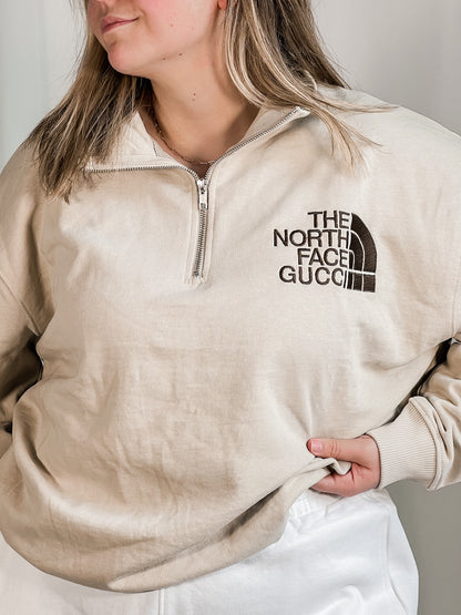 North Embroidered 1/4 Zip Sweatshirt Sand and Chocolate - Out The Purse UK